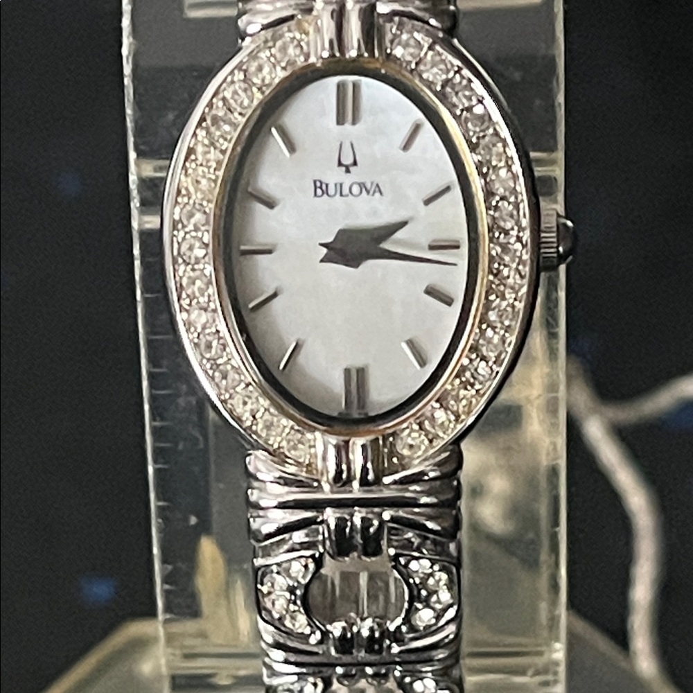Bulova Women's Silver Crystal Oval Bracelet Watch with Mother-of-Pearl Dial